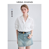 VEGA CHANG衬衫女25夏装新款休闲宽松法式小众上衣V领短袖白衬衣 雅尚白-短袖 S