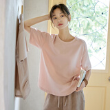 可然朴简【子茜】法国亚麻拼精梳棉 原创设计松弛感通勤短袖T恤上衣女夏季 芍药粉 L