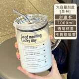 Jidaocook大容量打工人网红吸管杯夏季玻璃水杯ins杯子刻度男女礼品 早上好呀透明杯体 1000ml 送(不锈钢吸管+杯盖+吸管刷)