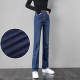 丹仔 小直筒裤女牛仔裤高腰显瘦长裤2021春秋季宽松百搭显高大码女裤韩版 深蓝加绒款 28码 二尺一