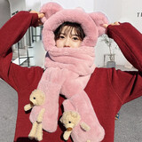 浩冠 小熊帽子女冬季可爱百搭毛线帽保暖毛绒帽围巾一体三件套秋冬天 粉红色 均码