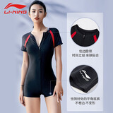李宁（LI-NING） 泳衣女专业连体平角运动泳衣显瘦遮肚小胸聚拢性感短袖温泉泳装 黑色318-2 L（98-110斤）