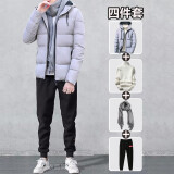 乐希源棉服男秋冬季男装外套男士短款羽棉衣绒服保暖套装男连帽棉袄衣服 820浅灰+毛衣白+围巾+红标裤 XL