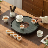 陶尚吟陶瓷天然石材茶台储排水两用式现代简约家用办公小茶盘功夫茶具 金边山水盖碗套组+木纹莲花