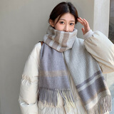 库班猪格子围巾女秋冬季学生韩版百搭加厚披肩两用毛线网红保暖可爱围脖 灰米文艺格加厚款