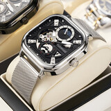 马克华菲（FAIRWHALE）手表男士全自动机械表日月星辰时尚小方块男表防水国潮流腕表礼物 银壳黑面网带