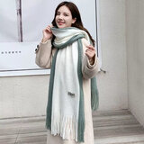 健卡丹围巾女冬季长款加厚韩版百搭针织毛线围巾男秋冬学生软妹情侣围脖 双色贴标 白绿 加厚