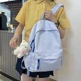 艾欣儿 学生书包女生初中生高中大学生双肩包女大容量ins韩版学院风简约纯色高颜值背包潮款 蓝色带【大腮红熊挂件】