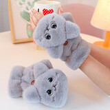 诺芝萌女士毛绒猫猫手套女冬季半指卡通学生手套办公室打字保暖翻盖手套 猫咪翻盖灰色 均码