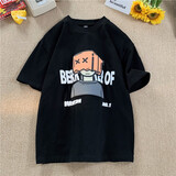 君茵重磅纯棉短袖t恤男2024夏季衣服男装新款学生印花美式复古宽松潮 黑色【BERR】 L