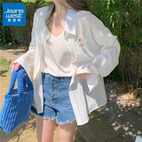 真维斯（JEANSWEST）衬衫女装2025春秋新款美拉蓝穿搭夏季纯棉防晒衬衣女士长袖外套女 白色 毛绒花口袋_K M 【推荐80-110斤】