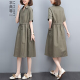 衣典零一（LEDIALYI）2025夏季女装新款中年休闲棉麻连衣裙遮肚子显瘦亚麻衬衫裙子夏天 军绿色 XL （建议131-140斤）