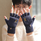 途尊手套男冬季露手指初中学生自行车骑行情侣毛线半截翻盖男生冬保暖 藏青小鹿【半指翻盖手套】