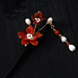 梦君宸黑檀木手工玉簪汉服岫玉古风玉兰花流苏步摇发簪生日情人节礼物 红玛瑙缎面锦盒包装