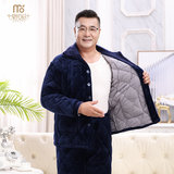 莫代尔睡衣男冬季珊瑚绒三层加绒加厚夹棉保暖中老年家居服秋冬爸爸棉袄