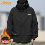 吉普（JEEP）夹克男秋冬季冲锋外套男士休闲宽松工装衣服男装 黑色加棉 3XL