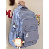 匡睿 书包初中生女大容量高中大学生双肩包高颜值小学生3-6年级背包 蓝色（带面包片挂件+1枚小吊坠）