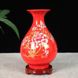 悦灵美 景德镇陶瓷器中国红花瓶摆件中式酒柜装饰品客厅书房插花工艺品 中国红牡丹玉壶春