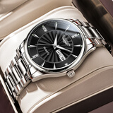 冠琴（GUANQIN）手表男士全自动机械表瑞士品质防水夜光精钢双日历学生多功能腕表 钢带本色黑面（SY款）