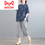 猫人（MiiOW）品牌高档新品 棉麻套装女夏季中老年妈妈可外穿大码短袖休闲棉绸 5541藏青色配格子裤 L 大【建议120-140斤】