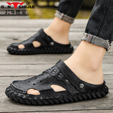 公牛世家凉鞋男夏季新款户外防滑耐磨罗马沙滩皮凉鞋男士开车两用手工凉拖 黑色【GN123101327】 40 (运动鞋码)