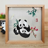 老秀馆蜀绣熊猫伴手礼双面刺绣摆件工艺品中国特色礼物送老外出国纪念品 榉木外框-正方形团团圆圆