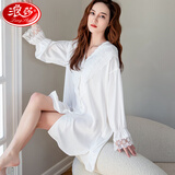 浪莎蕾丝性感睡衣女蕾丝男友风衬衫家居服短款长袖大码温柔系冰丝仿真丝睡裙 蕾丝纯欲白 均码