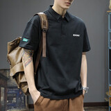 潮天士美式复古刺绣翻领polo衫短袖男百搭高级感纯棉体恤夏半袖打底上衣 黑色 L【130-145斤】