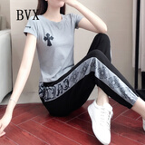 BVX休闲套装女夏新款韩版气质个性潮流短袖T恤显瘦百搭时尚运动服 灰色 L