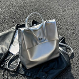 慕昂（MOVEON）韩国小众银色油蜡皮双肩包女夏天百搭大容量学生通勤书包旅游背包 银色