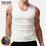 续点保暖背心男士加绒加厚无袖宽肩圆领健身修身紧身内衣男棉马甲男冬 白色V领 XL 码132-142斤左右修身版型