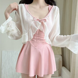 天丂泳衣女士温泉遮肉肚子保守外套连体长袖防晒性感显瘦成人泳装裙式 粉色泳衣+罩衫【40-48kg】