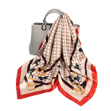 达芬奇密码专柜礼盒装 春秋缎面大方巾长巾丝巾女 新款欧美风 皮扣赛马 红边