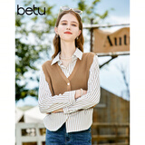 百图betu女装秋季新款衬衫假两件气质衬衫拼接针织衫女2308T28 焦糖色 M