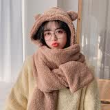 浩冠 小熊护耳朵帽子女冬季可爱冬天毛绒围巾连帽一体韩版秋冬天百搭保暖潮 咖色 帽子围巾一体