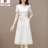 皮尔卡丹短袖雪纺连衣裙女2025新款夏季洋气碎花小个子v领收腰显瘦a字裙子 米白色 XL 建议105-115斤