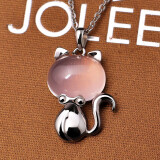 JOLEE项链S925银吊坠粉水晶简约猫咪芙蓉石饰品送女生国风节日礼物