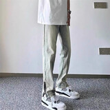 衣然呈品修身牛仔裤男侧边拉链微喇宽松痞帅美式高街潮牌直筒春秋款裤子男 黄泥色 L【建议114-134斤】