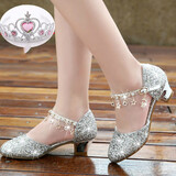 糊图狗（HUTUGOU） 新款儿童鞋子女童高跟鞋公主鞋小女孩银色水晶单鞋女学生演出皮 银色【半包吊链款】 33 /20cm