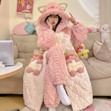 爱芬柔三层夹棉睡衣女秋冬季加厚加绒珊瑚绒长款冬天保暖睡袍家居服套装 YC01小猪三层夹棉睡袍+裤子 L 建议体重100-120斤