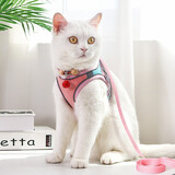 喵先生猫咪牵引绳宠物猫外出遛猫绳猫链子防挣脱胸背带铃铛项圈牵引绳 粉绿色全包围S码+香樟木项圈