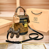 I.T DANKLES香港品牌真皮女包2025新款轻奢复古斜挎水桶包老花圆筒包单肩小包 棕配黑（精美礼盒）