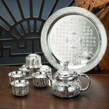 百福999银茶具中式套装1壶4杯欧式茶杯复古风泡茶壶茶杯送礼品 百福八件套【1托1壶6杯】 今日一折抢最后30件