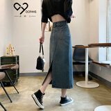 朵粉儿牛仔半裙女2023春秋新款韩版a字百搭设计感复古中长裙开叉半身裙 复古蓝 L