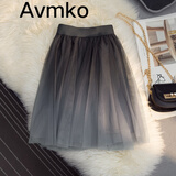 Avmko2023夏新款渐变色网纱短裙韩版高腰A字大摆裙百搭蓬蓬打底半身裙 灰色 均码