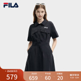 FILA 斐乐官方女子梭织连衣裙2024夏季新款时尚宽松翻领收腰裙子 正黑色-BK 170/88A/L