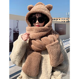 目丸 小熊耳朵帽子围巾一体女秋冬季连帽围巾百搭韩版可爱少女保暖学 升级款-帽子围巾手套三件套-咖色
