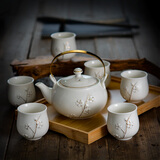 古笙记手工描金景德镇陶瓷提梁壶功夫茶具套装家用现代中式茶壶茶杯茶盘 白金梅花（升级铜把手）