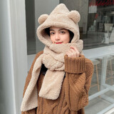 目丸 小熊耳朵帽子围巾一体女秋冬季连帽围巾百搭韩版可爱少女保暖学 【双层加厚】卡其色