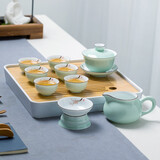 唯古潮汕功夫茶具套装家用小套青瓷茶盘茶壶盖碗茶杯陶瓷茶船办公茶海 盖碗密胺茶盘10件套（普通包装）